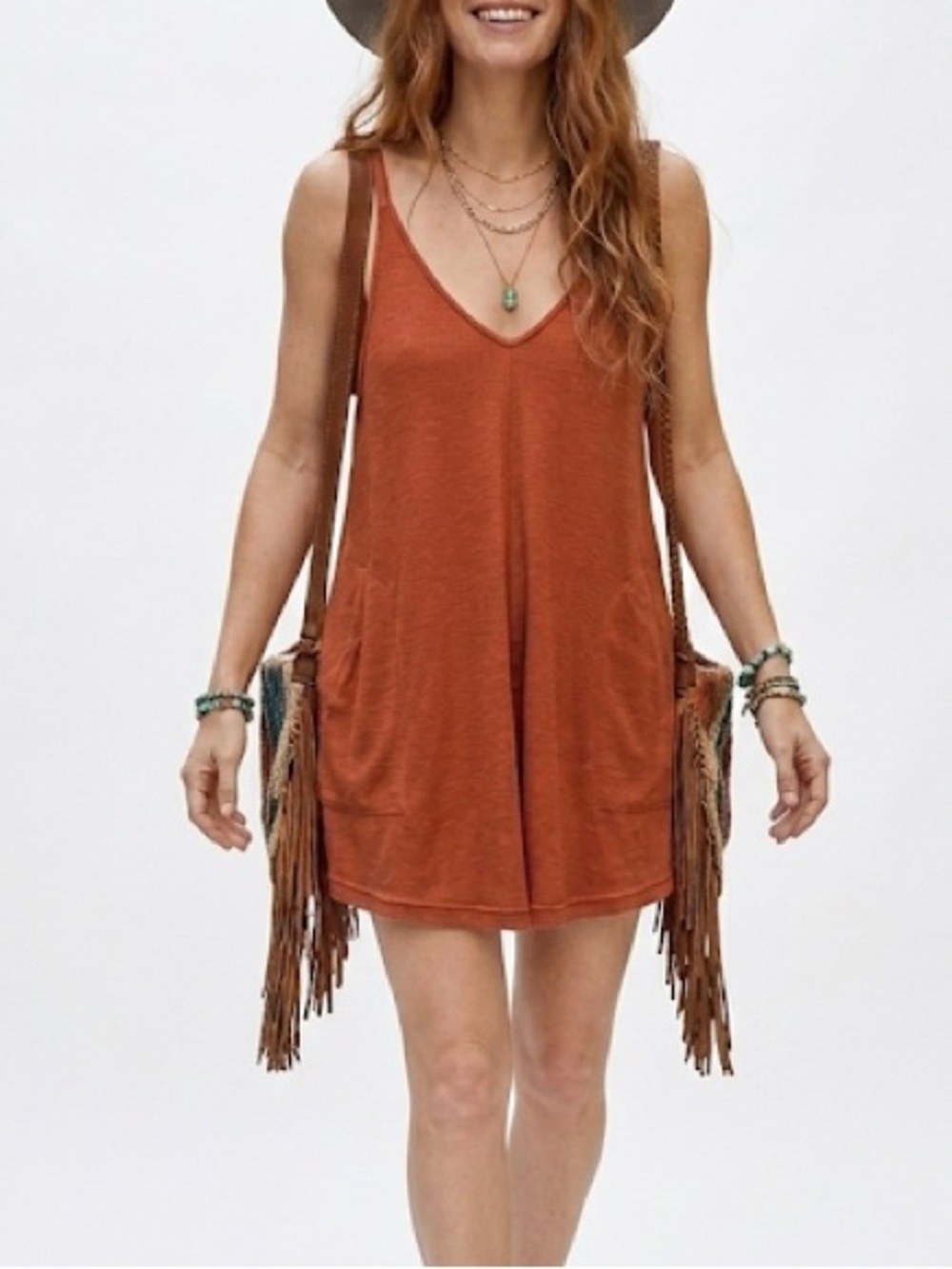 Free People Beach Rust Brown V-Neck Mini Dress with Pockets Size Small